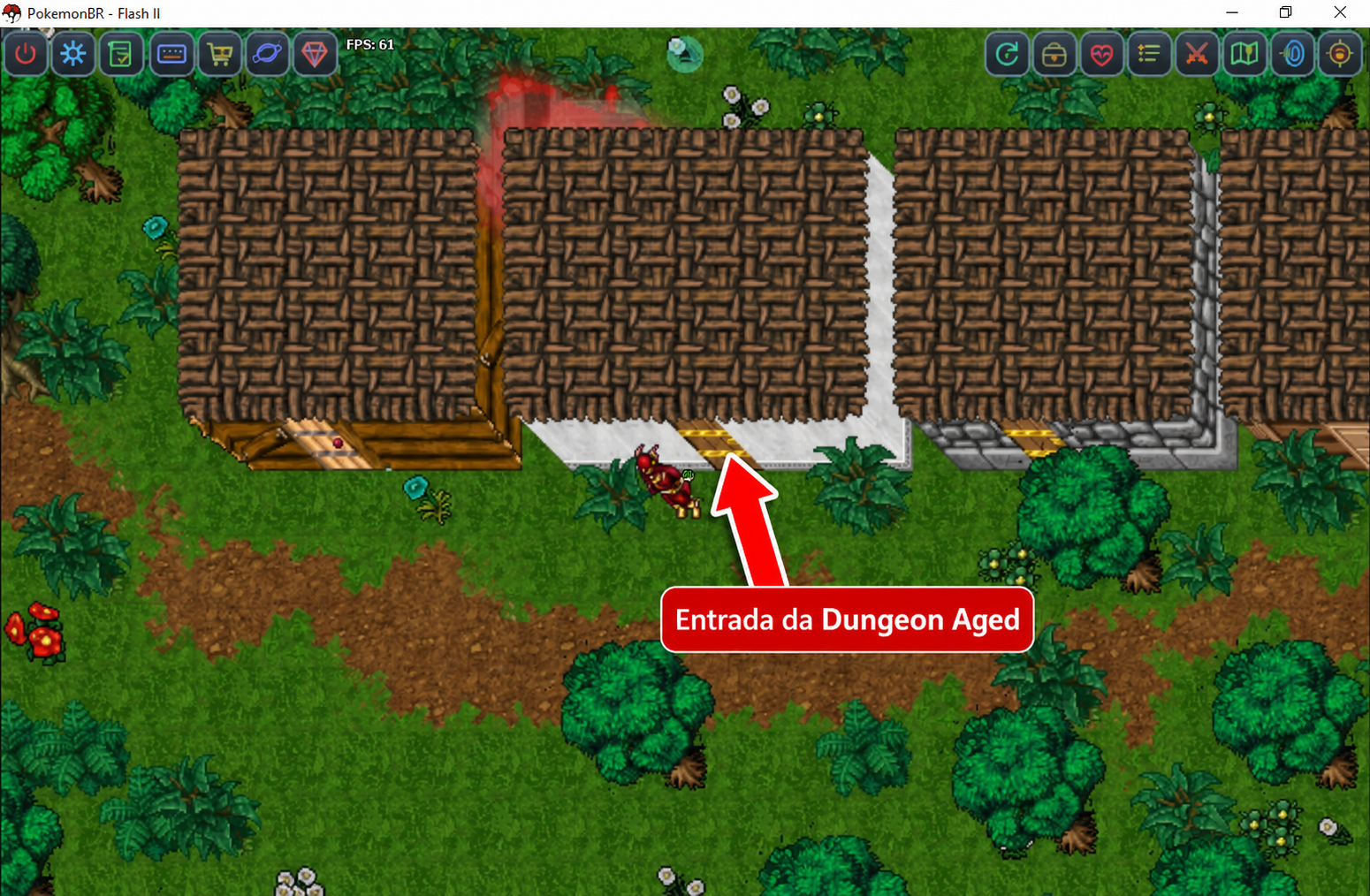 Mapa e indicação da entrada para a Dungeon Aged.