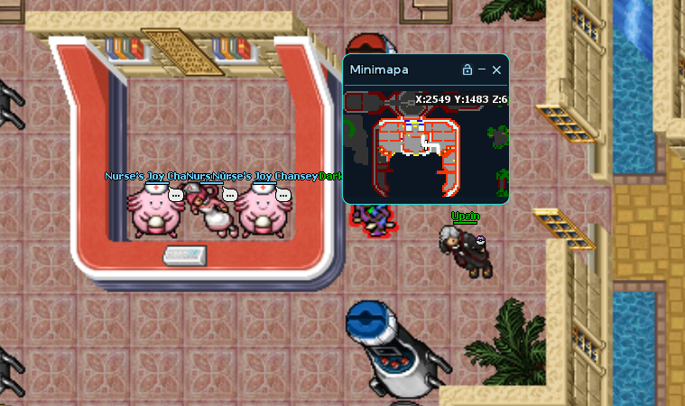 Para chegar até o NPC, desça as escadas até o andar da Nurse Joy, vá para direita e desça novamente as escadas (caminho informado na imagem).