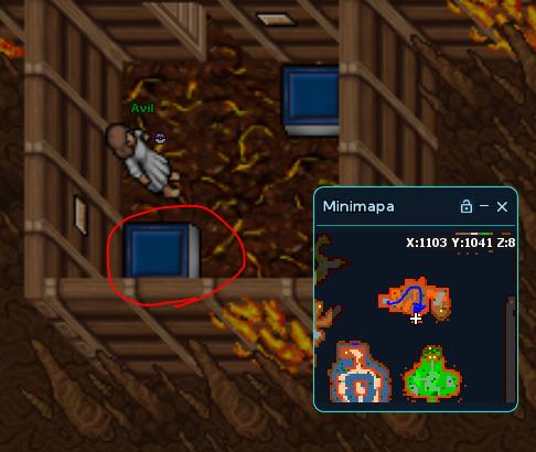 Entrando na parte de fogo, você seguirá o caminho mostrado na imagem, e, na divisão, entrará para a parte de baixo, onde está localizado mais dois teleports: um de volta(direita) e um de continuação(esquerda).